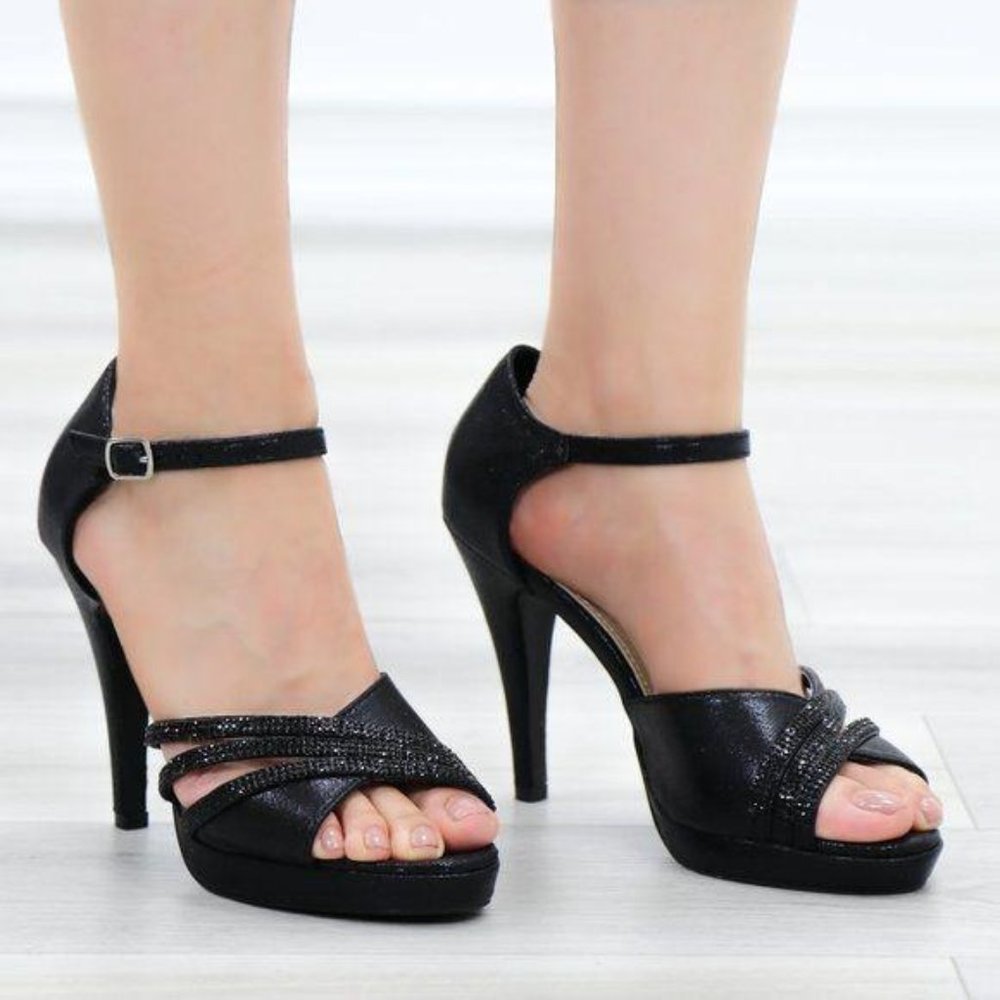 Shimmery Black Satin Platform Heeled Stiletto Sandal - Picture 8 of 11